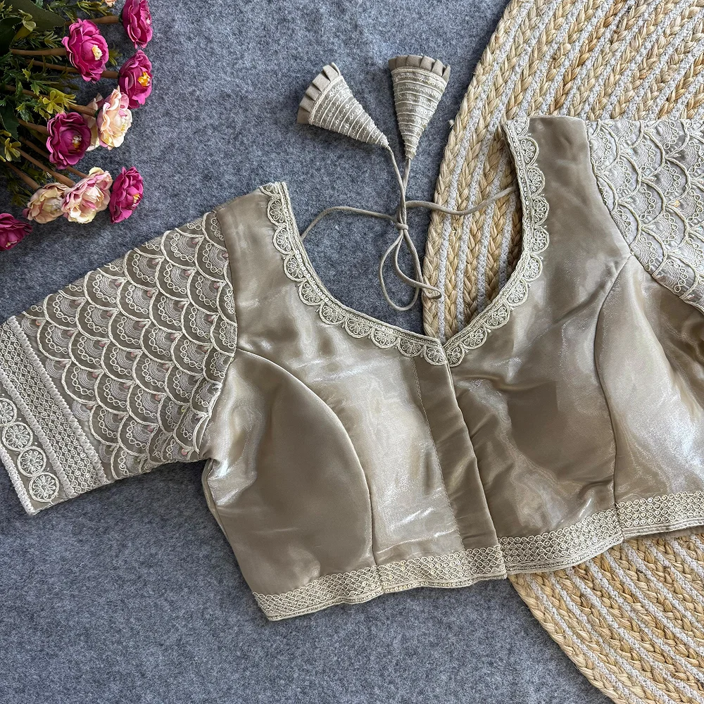 Cream Color Elegant Zimichoo Blouse with Cotton Thread Embroidery and Sequence Work — view 1