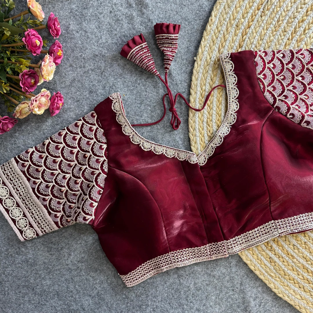 Maroon Color Elegant Zimichoo Blouse with Cotton Thread Embroidery and Sequence Work