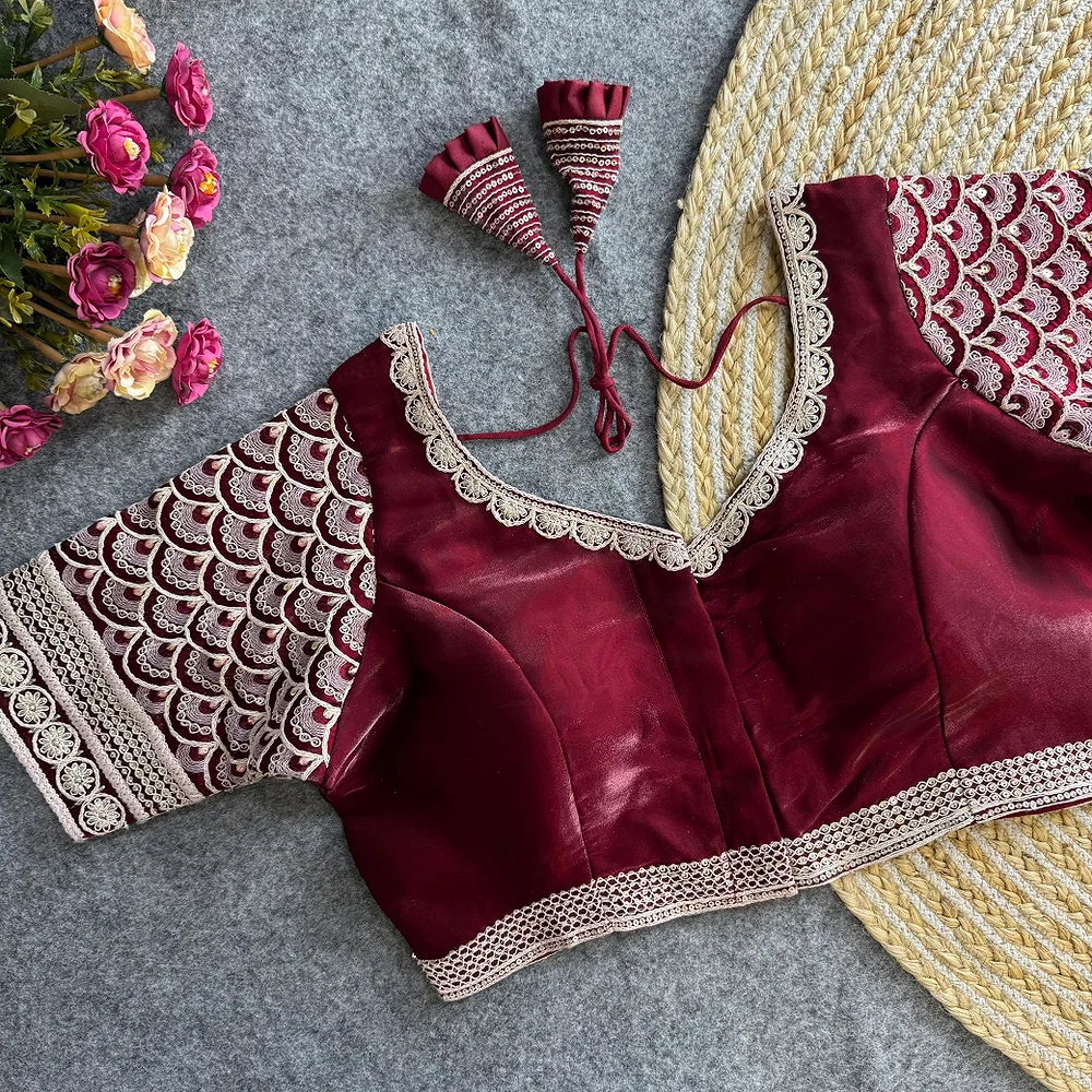 Maroon Color Elegant Zimichoo Blouse with Cotton Thread Embroidery and Sequence Work — view 1