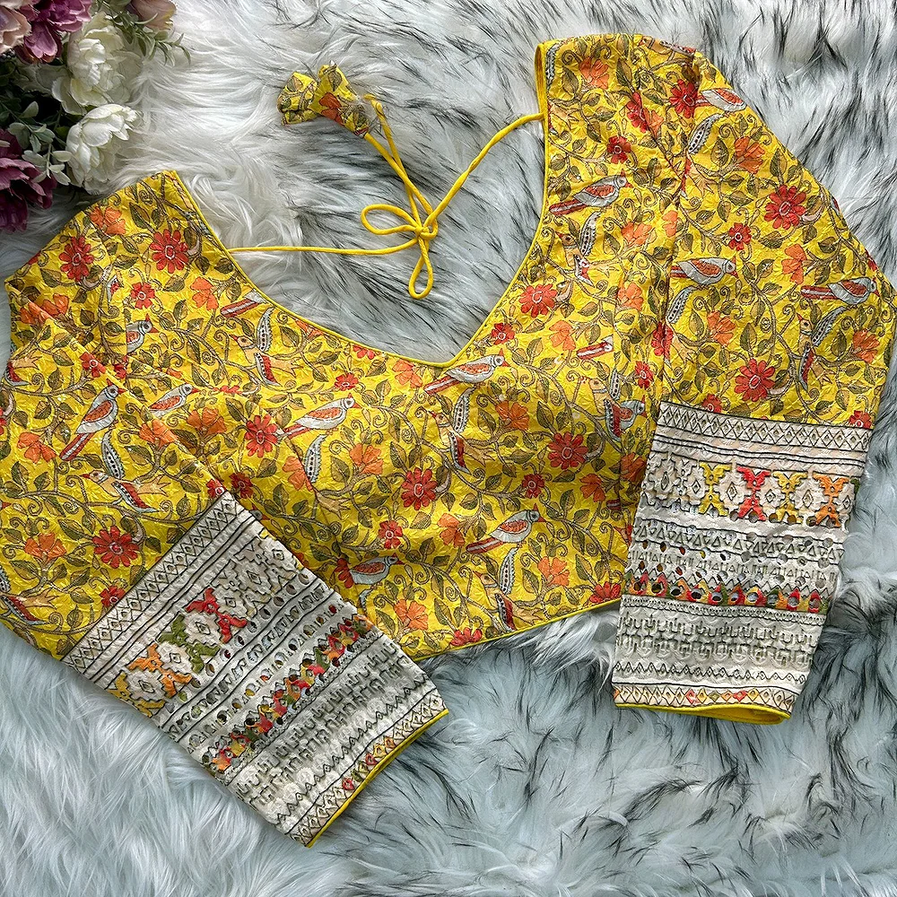 Yellow Color Chikankari Work Cotton Blouse with Kalamkari Print and Long Sleeves — view 1