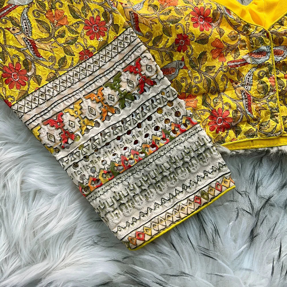Yellow Color Chikankari Work Cotton Blouse with Kalamkari Print and Long Sleeves — view 2