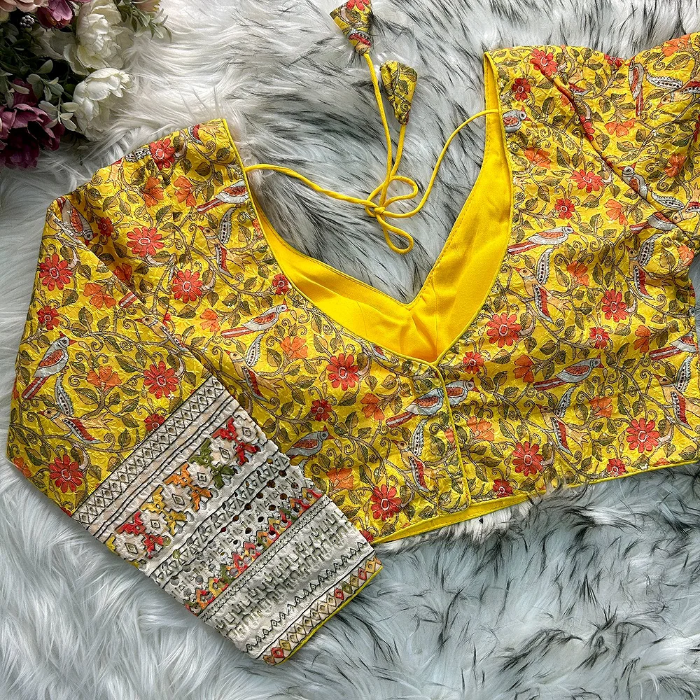 Yellow Color Chikankari Work Cotton Blouse with Kalamkari Print and Long Sleeves — view 3