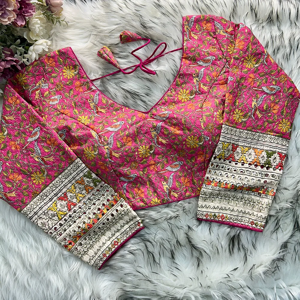 Pink Color Chikankari Work Cotton Blouse with Kalamkari Print and Long Sleeves — view 1
