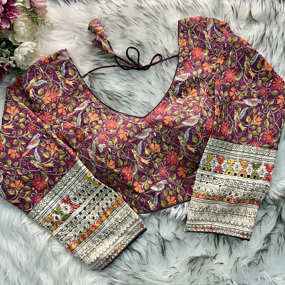 Wine Color Chikankari Work Cotton Blouse with Kalamkari Print and Long Sleeves — view 1