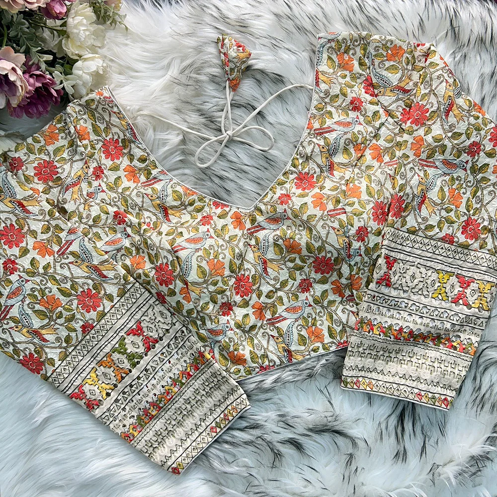 White Color Chikankari Work Cotton Blouse with Kalamkari Print and Long Sleeves — view 1