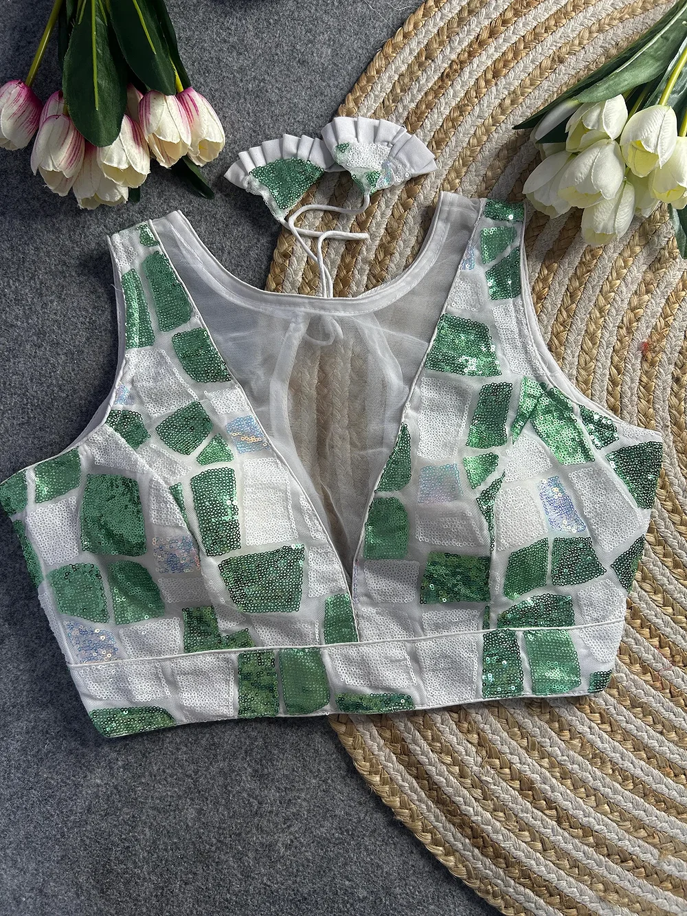 Green Color Deep Neck Partywear Blouse with Rainbow Sequence on Imported Net — view 1