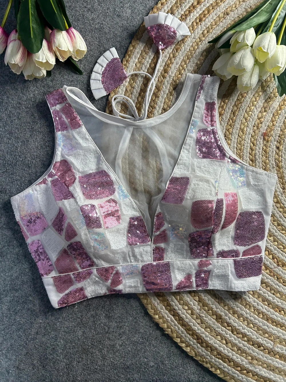 Pink Color Deep Neck Partywear Blouse with Rainbow Sequence on Imported Net — view 1