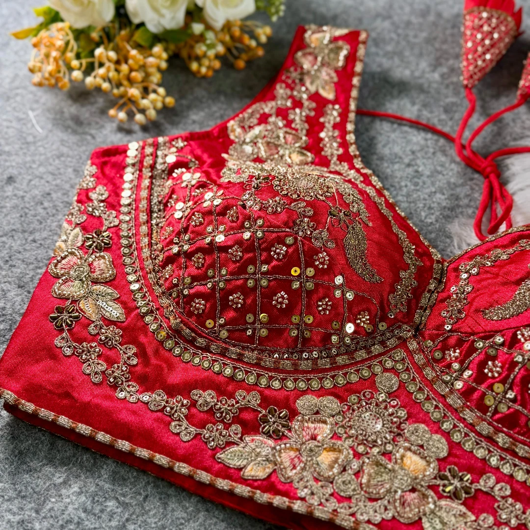 Red Color Sabyasachi Neck Bridal Blouse with Heavy Stars & Beads Work