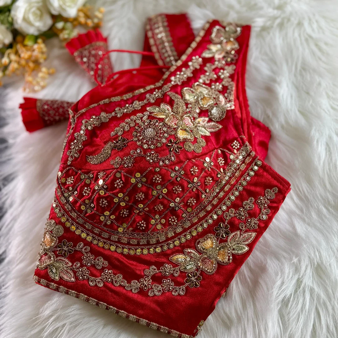 Red Color Sabyasachi Neck Bridal Blouse with Heavy Stars & Beads Work