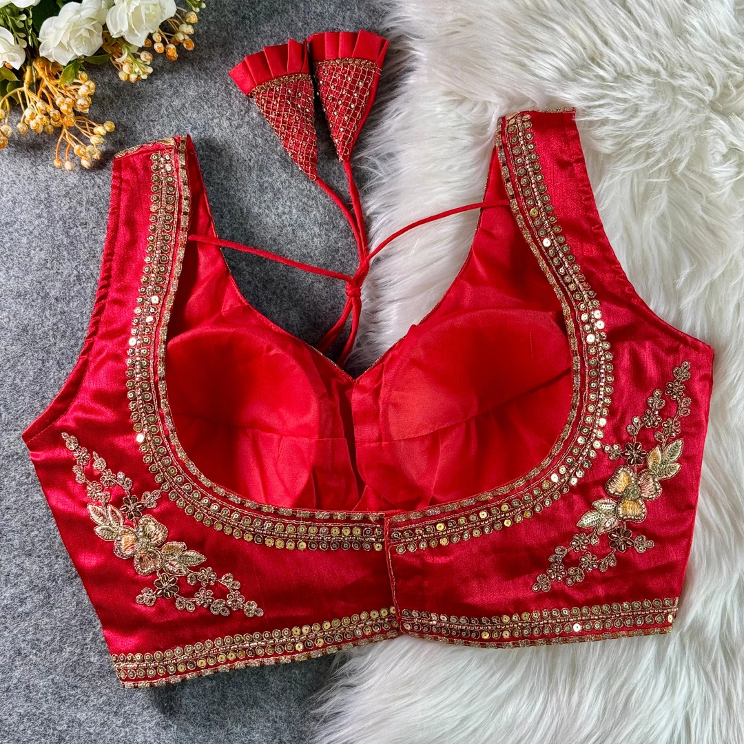 Red Color Sabyasachi Neck Bridal Blouse with Heavy Stars & Beads Work