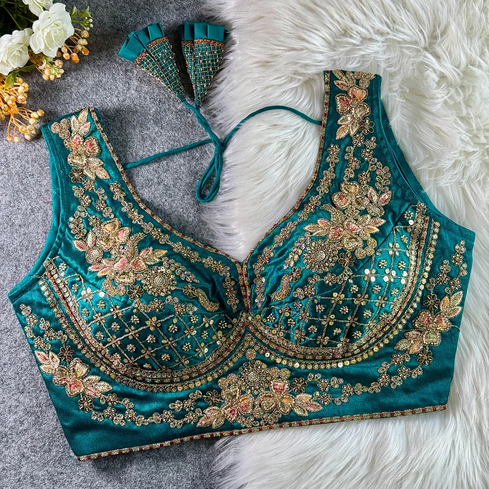 Rama Color Sabyasachi Neck Bridal Blouse with Heavy Stars & Beads Work — view 1
