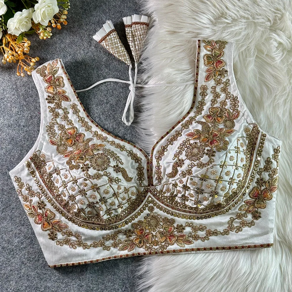 White Color Sabyasachi Neck Bridal Blouse with Heavy Stars & Beads Work — view 1