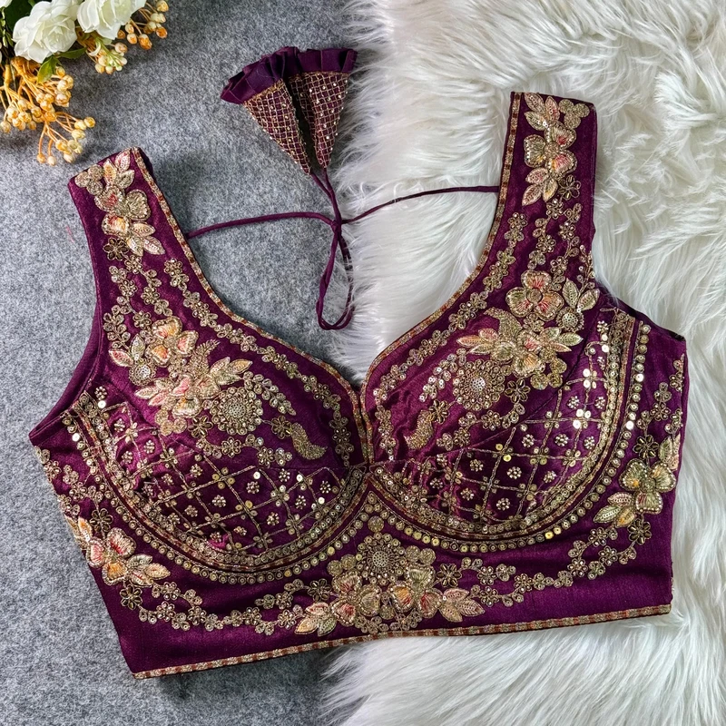 Wine Color Sabyasachi Neck Bridal Blouse with Heavy Stars & Beads Work