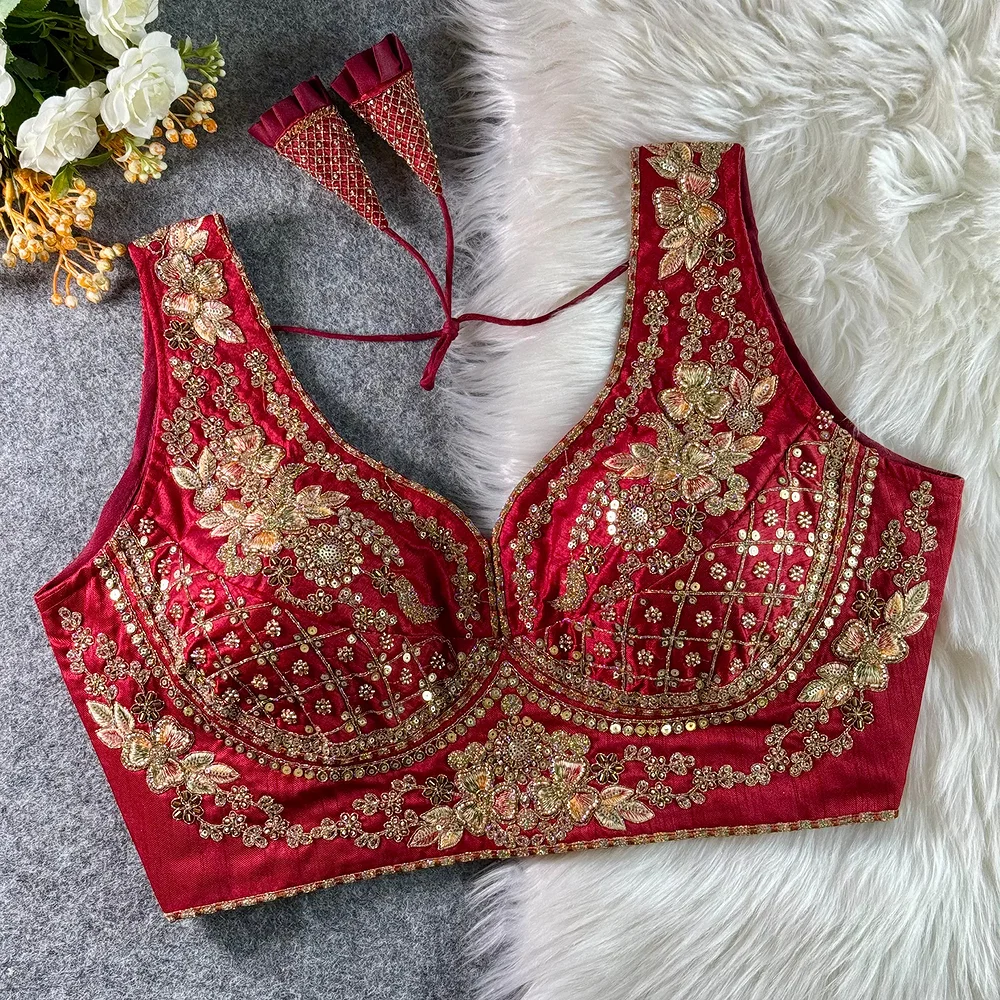 Maroon Color Sabyasachi Neck Bridal Blouse with Heavy Stars & Beads Work — view 1