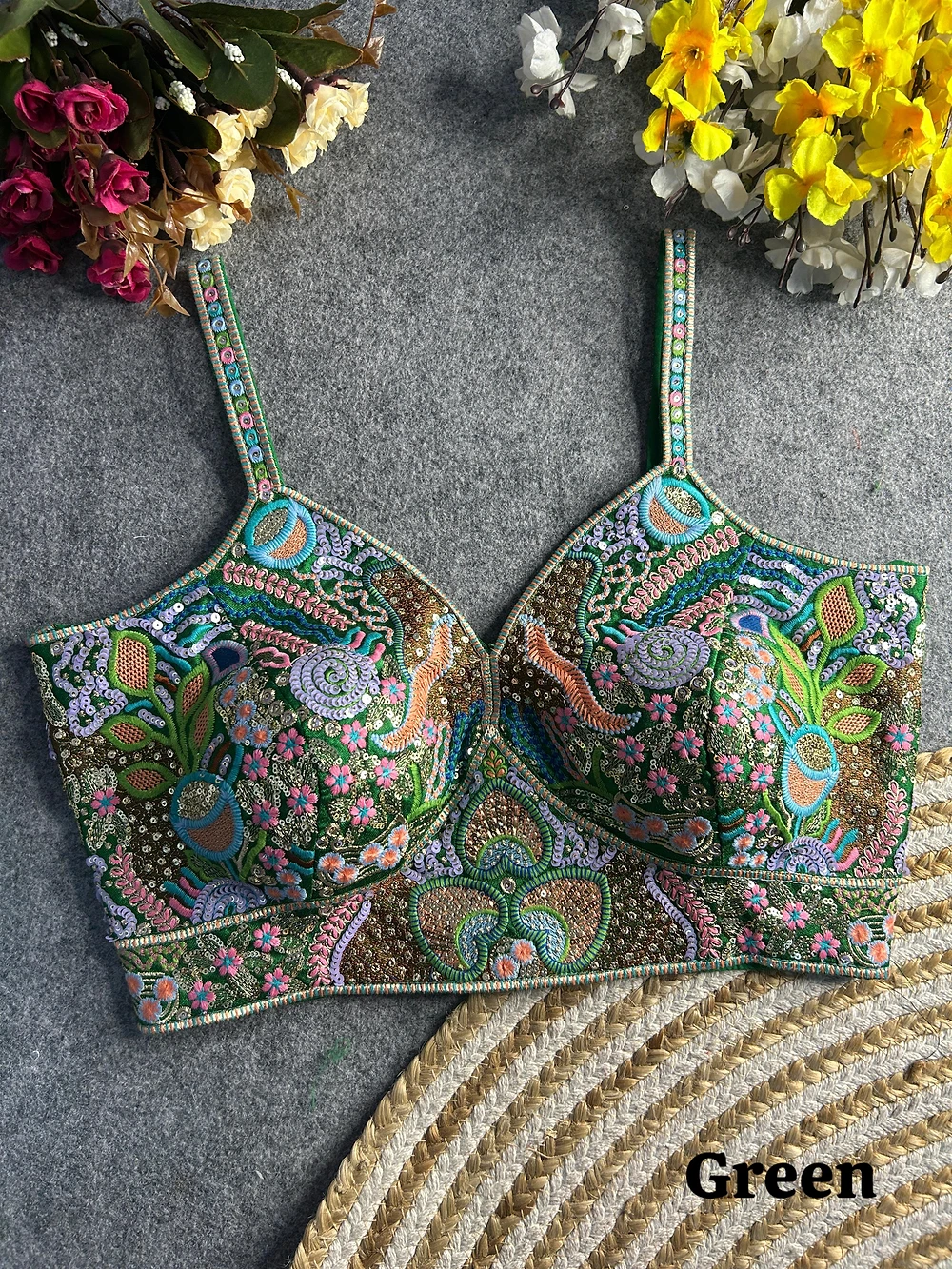 Green Color Elegant Spaghetti Strap Blouse in Heavy Italian Silk — view 1