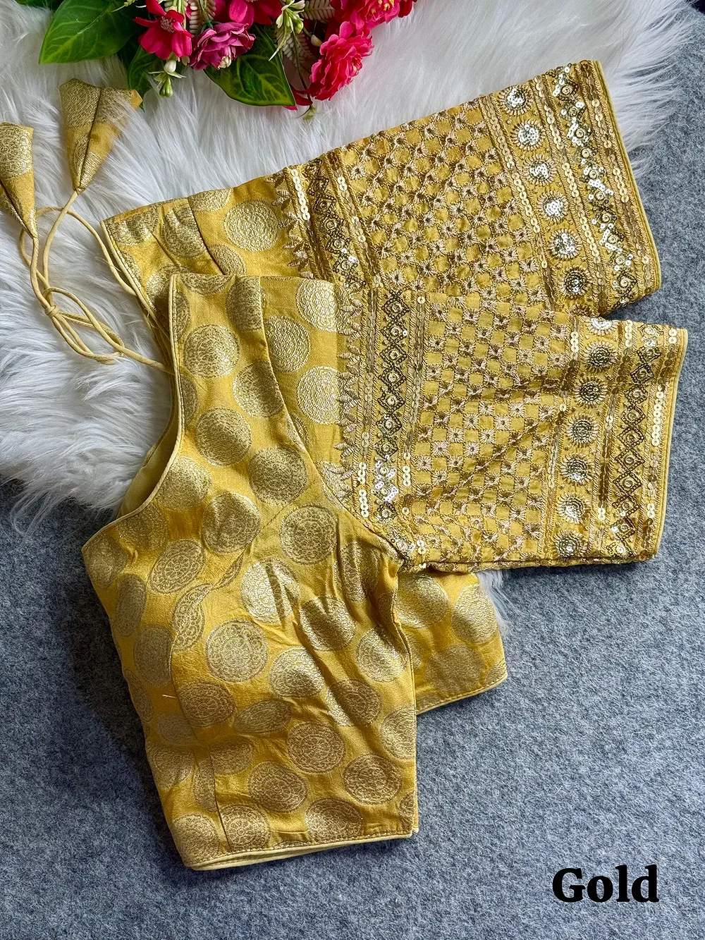 Gold Color Elegant Dola Silk Partywear Blouse with Heavy Embroidery — view 1