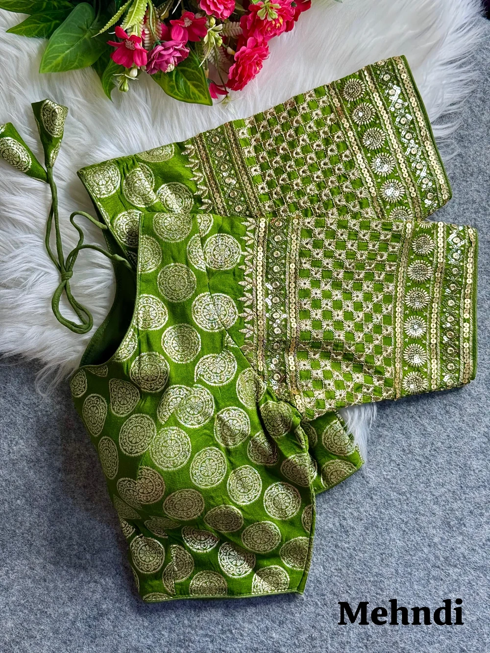 Mehndi Color Elegant Dola Silk Partywear Blouse with Heavy Embroidery — view 1