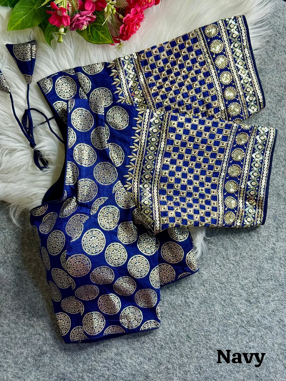 Navy Color Elegant Dola Silk Partywear Blouse with Heavy Embroidery — view 1