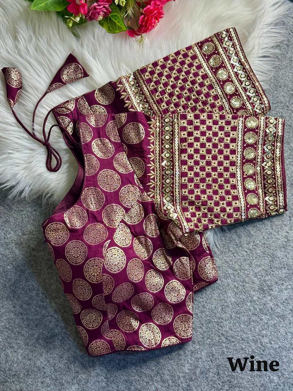 Wine Color Elegant Dola Silk Partywear Blouse with Heavy Embroidery — view 1