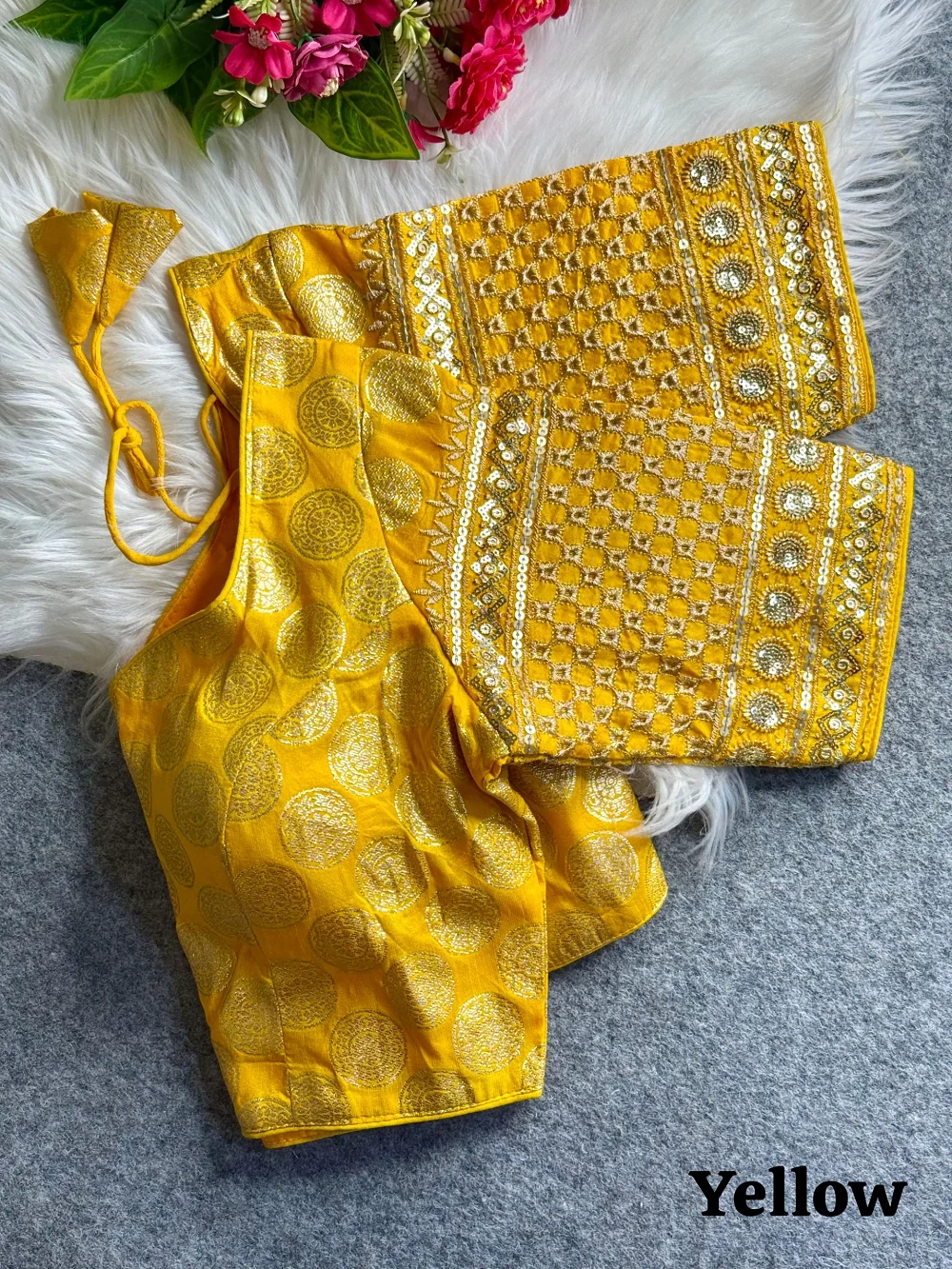 Yellow Color Elegant Dola Silk Partywear Blouse with Heavy Embroidery — view 1