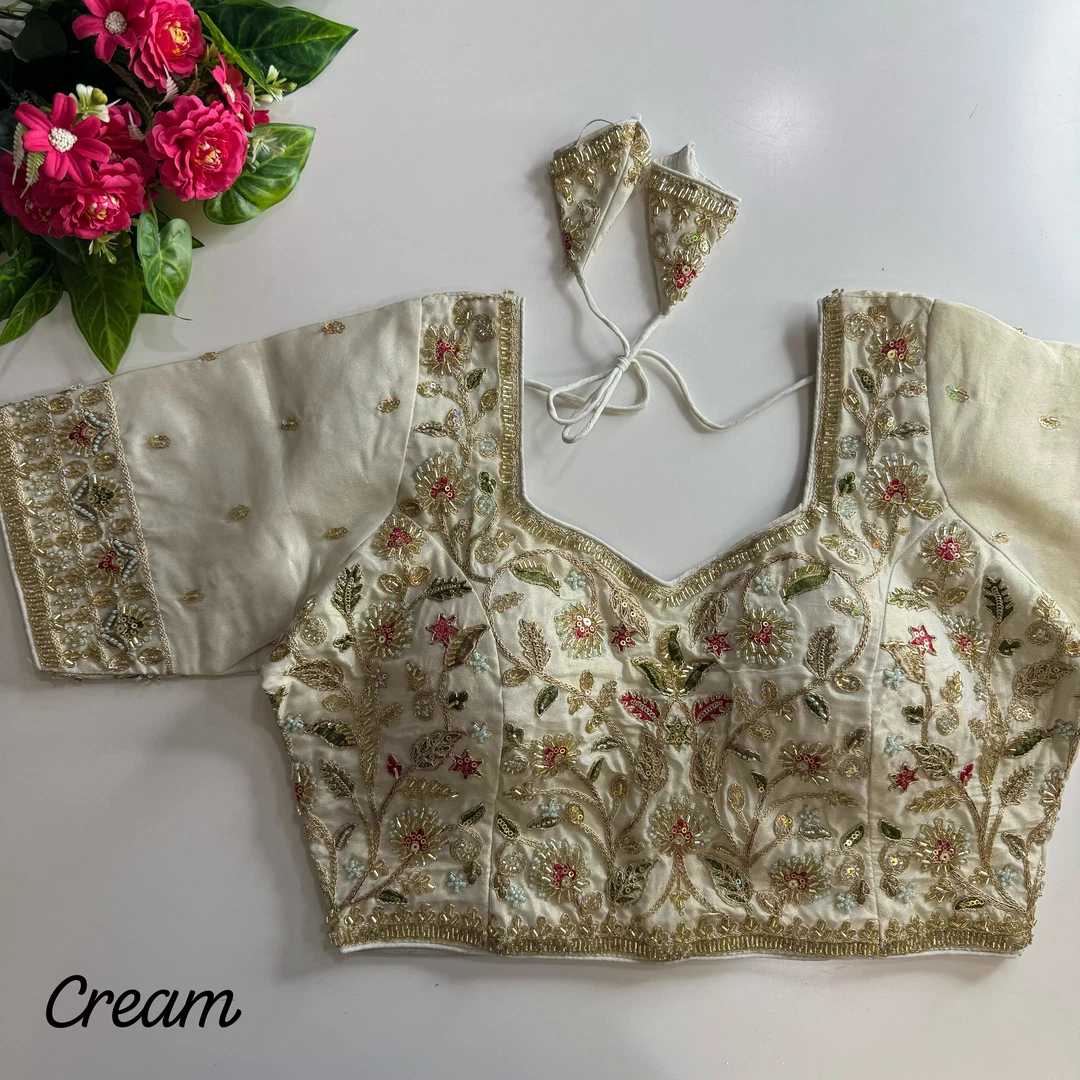 Cream Color Bridal Cosmos Silk Blouse with Heavy Stars & Beads Hand Work