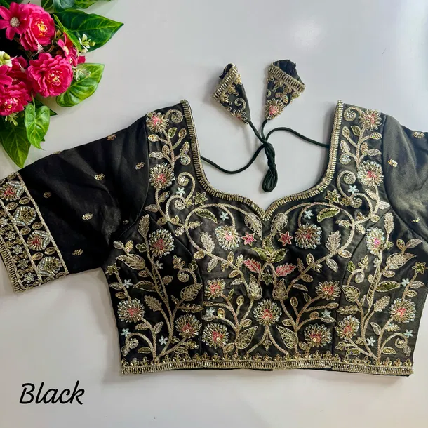 Black Color Bridal Cosmos Silk Blouse with Heavy Stars & Beads Hand Work