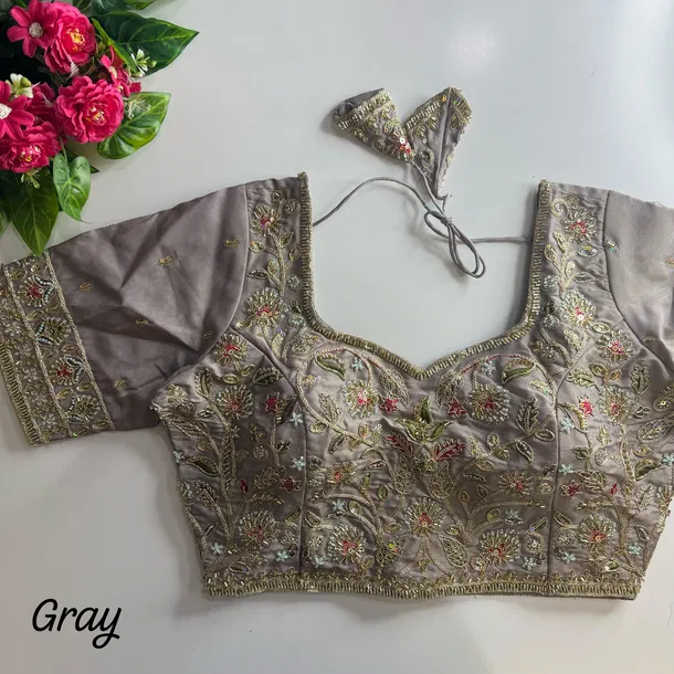 Grey Color Bridal Cosmos Silk Blouse with Heavy Stars & Beads Hand Work