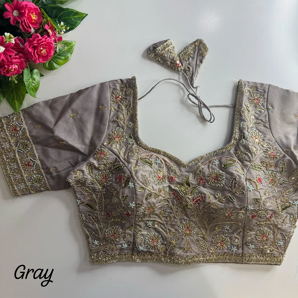 Grey Color Bridal Cosmos Silk Blouse with Heavy Stars & Beads Hand Work — view 1