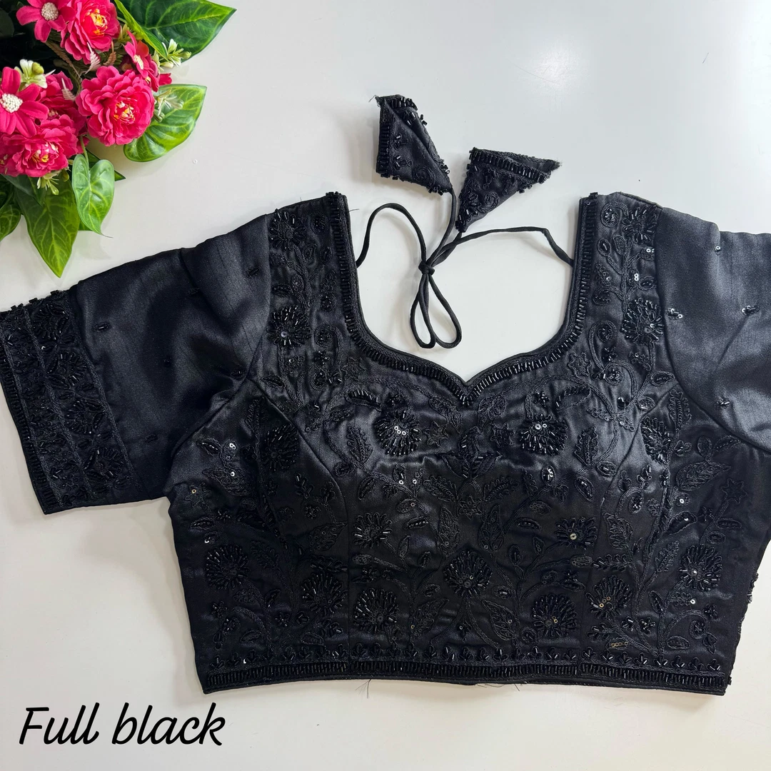 Full Black Color Bridal Cosmos Silk Blouse with Heavy Stars & Beads Hand Work