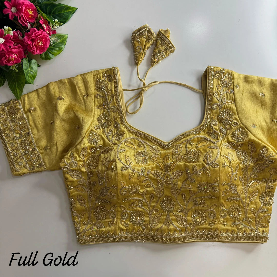 Gold Color Bridal Cosmos Silk Blouse with Heavy Stars & Beads Hand Work