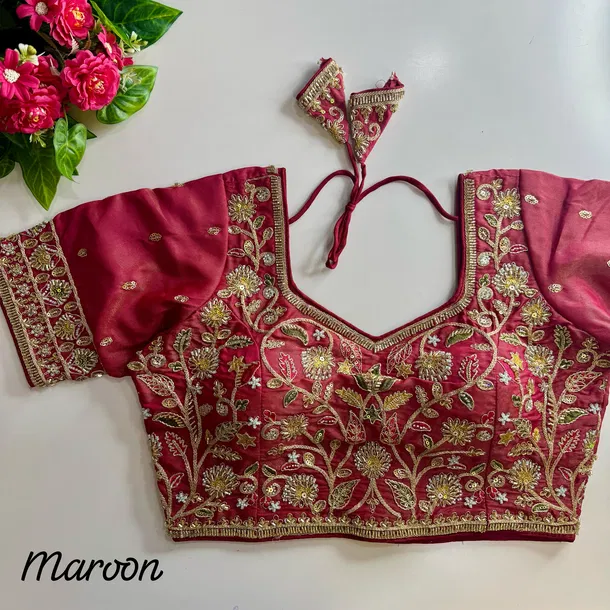 Maroon  Color Bridal Cosmos Silk Blouse with Heavy Stars & Beads Hand Work