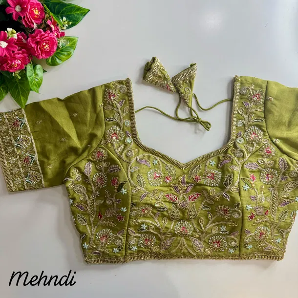 Mehndi Color Bridal Cosmos Silk Blouse with Heavy Stars & Beads Hand Work