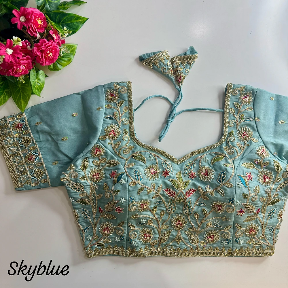 Sky Blue Color Bridal Cosmos Silk Blouse with Heavy Stars & Beads Hand Work — view 1