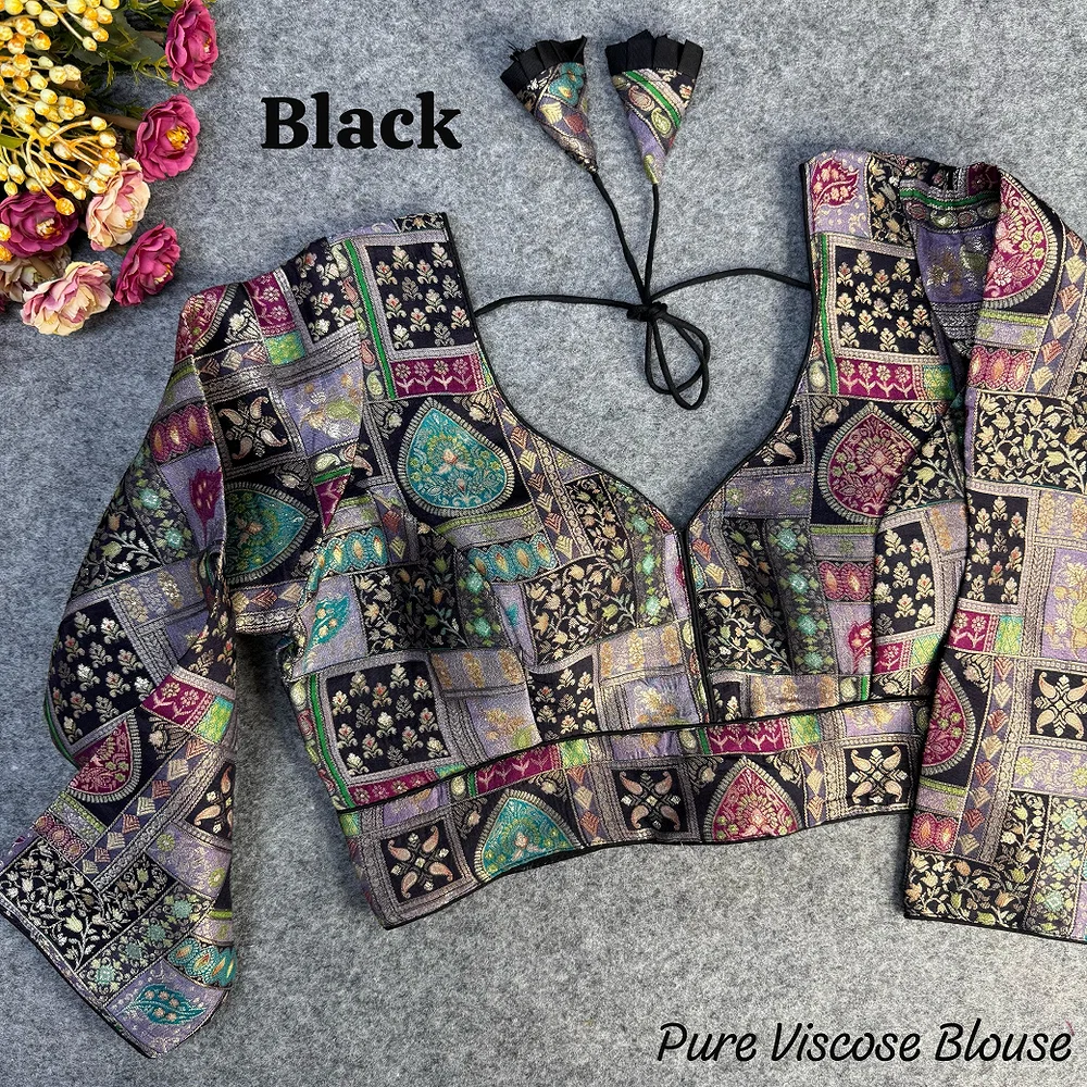 Black Color Pure Viscose Jacquard Long Sleeves Blouse — view 1