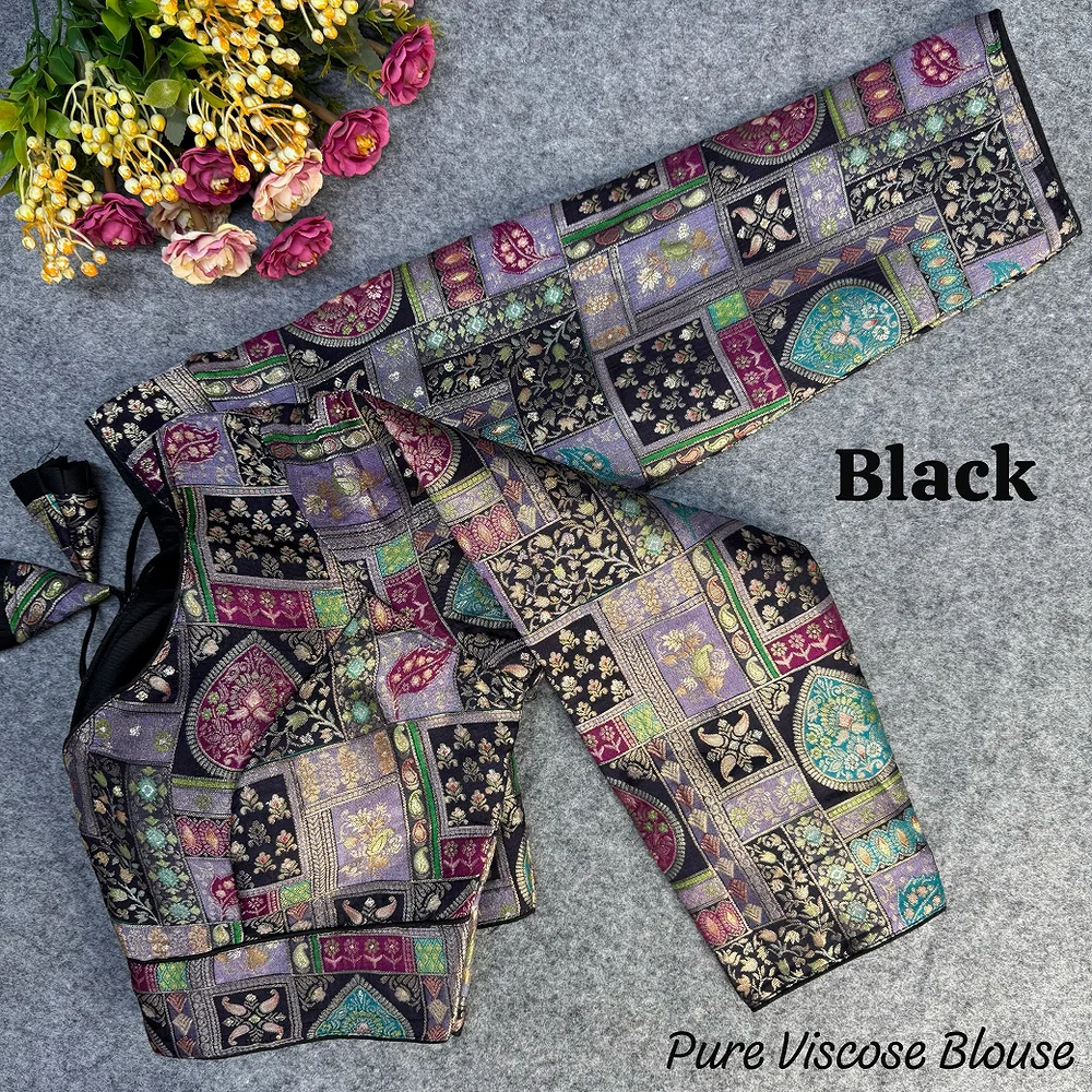 Black Color Pure Viscose Jacquard Long Sleeves Blouse — view 2