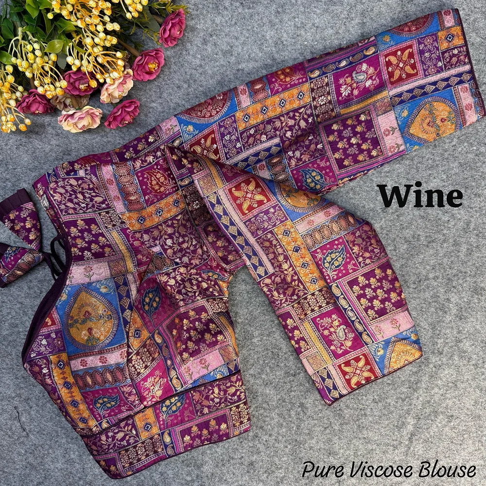 Wine Color Pure Viscose Jacquard Long Sleeves Blouse — view 1