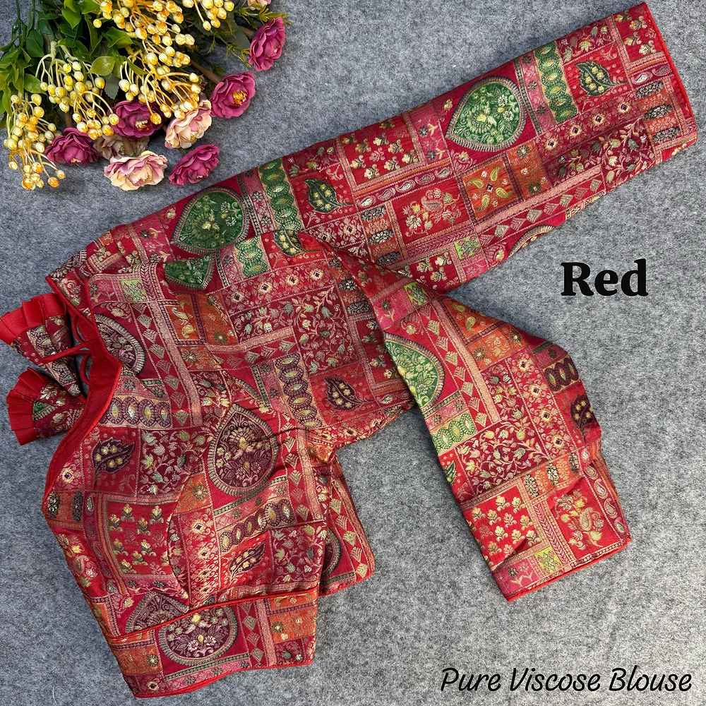 Red Color Pure Viscose Jacquard Long Sleeves Blouse — view 1