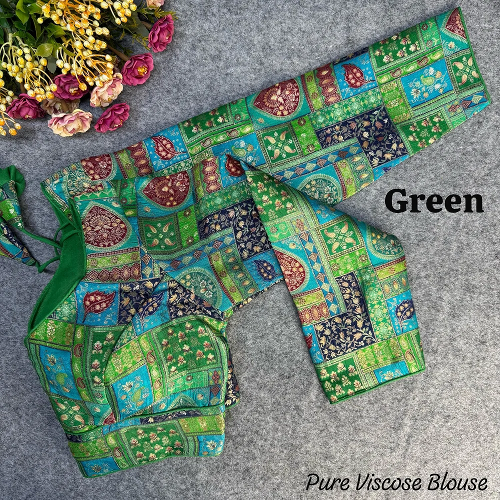 Green Color Pure Viscose Jacquard Long Sleeves Blouse — view 1
