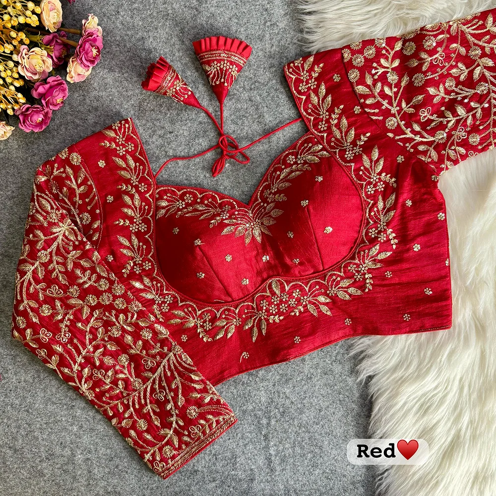 Red Color Full Sleeves Silk Bridal Blouse — view 1