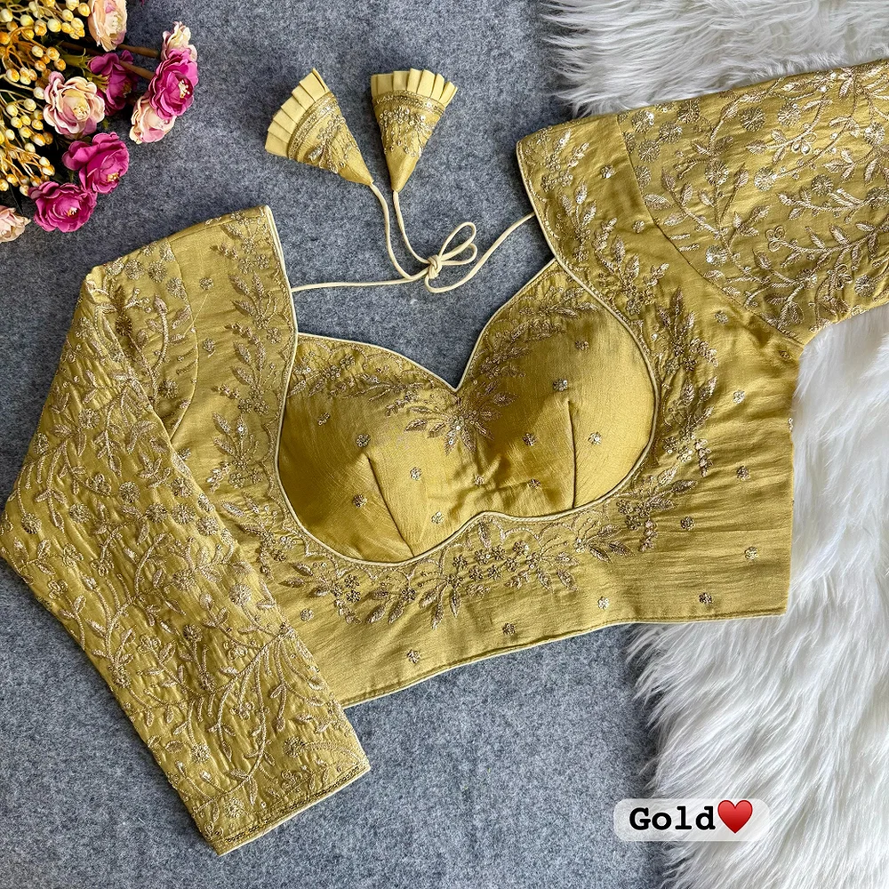 Gold Color Royal Mumtaz Style Long Sleeves Bridal Blouse in Vichitra Silk — view 1
