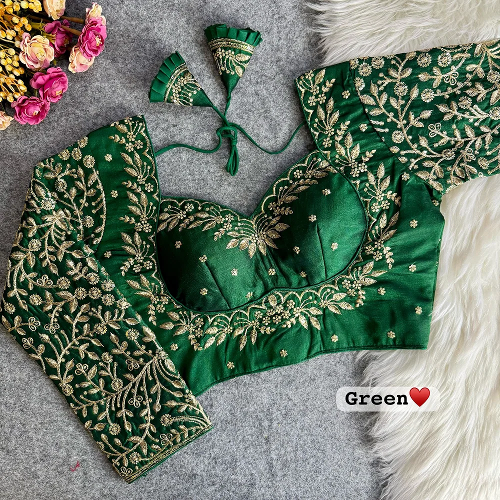 Green Color Full Sleeves Silk Bridal Blouse — view 1