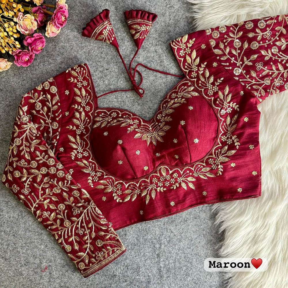 Maroon Color Full Sleeves Silk Bridal Blouse — view 1