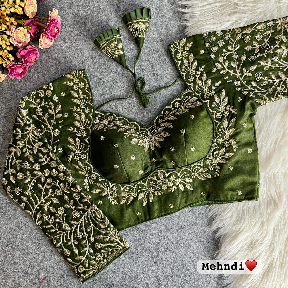 Mehndi Green Color Full Sleeves Silk Bridal Blouse — view 1