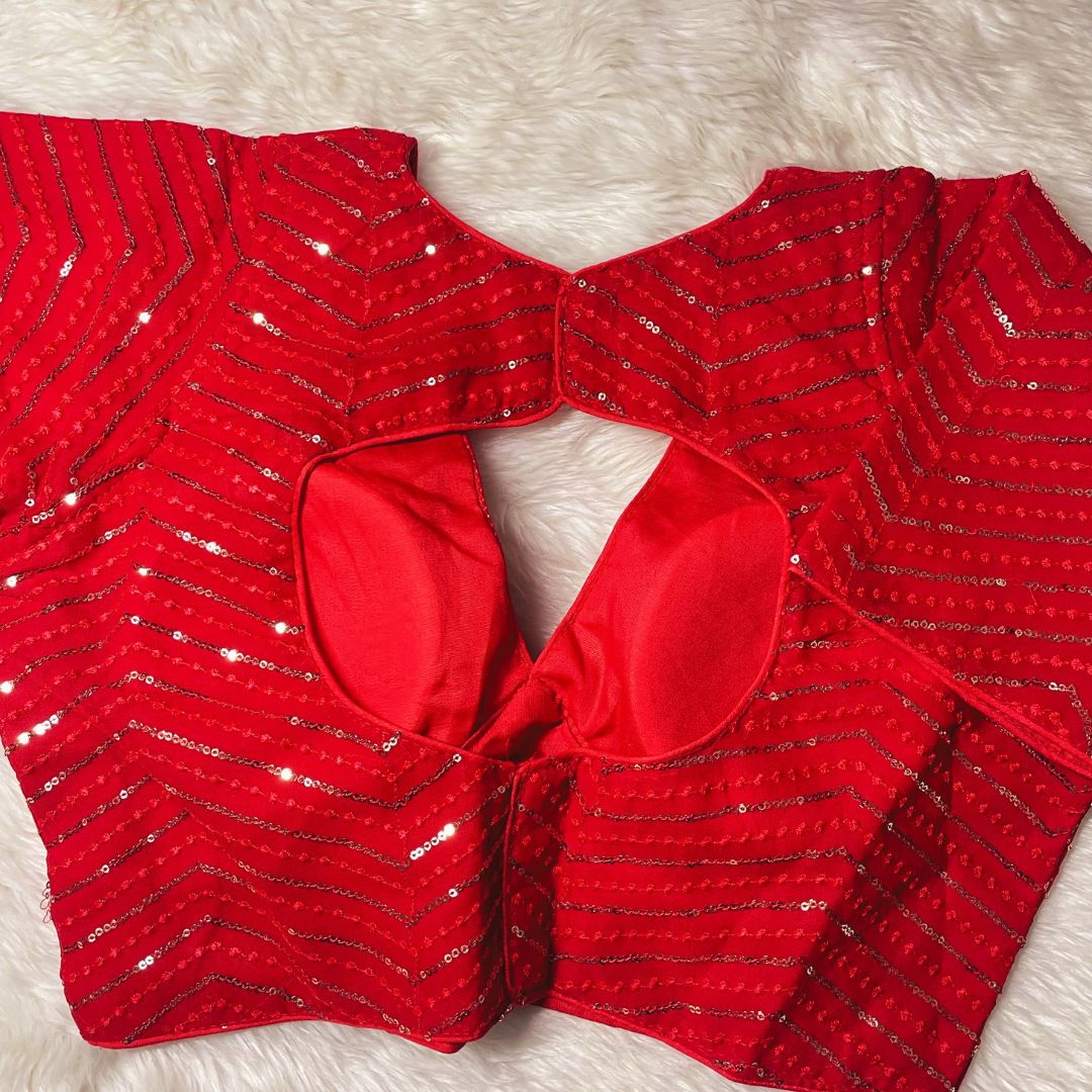 Red Color Deep Neck Partywear Blouse with Stunning Embroidery & Sequence Work
