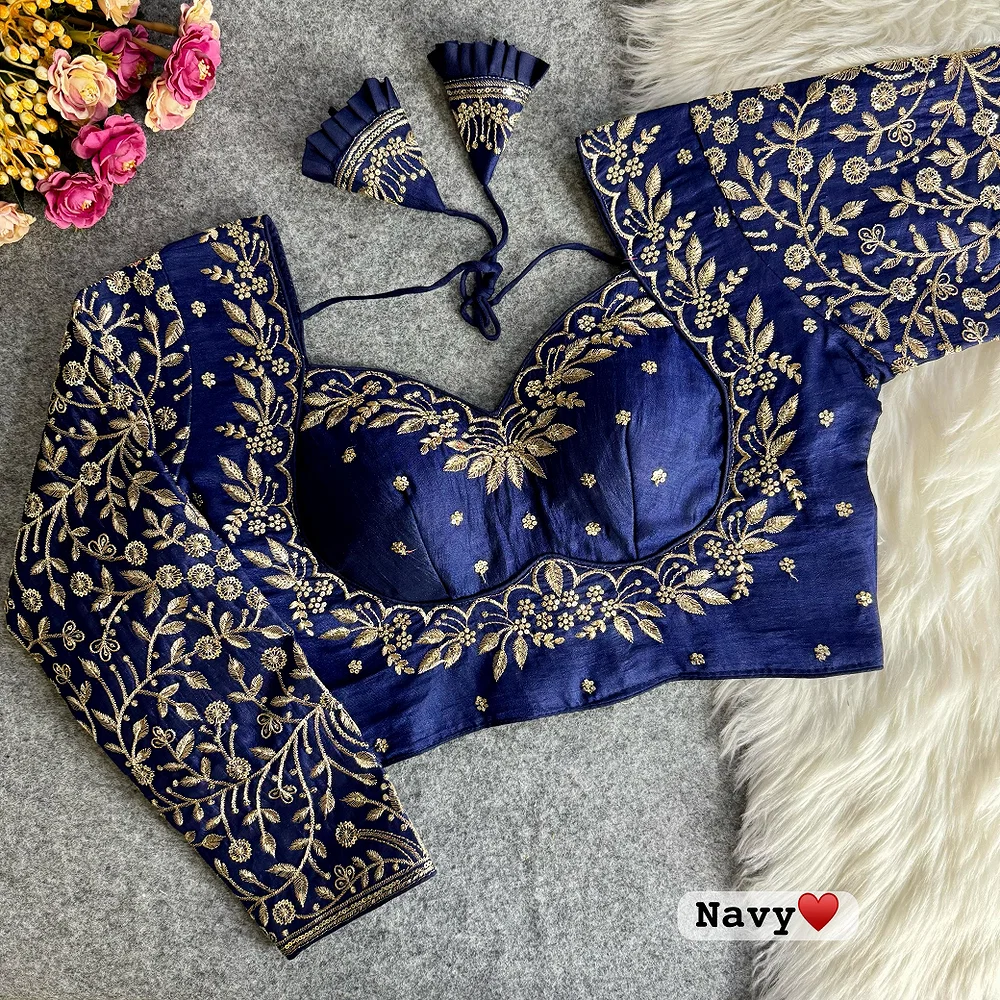 Navy Color Royal Mumtaz Style Long Sleeves Bridal Blouse in Vichitra Silk — view 1