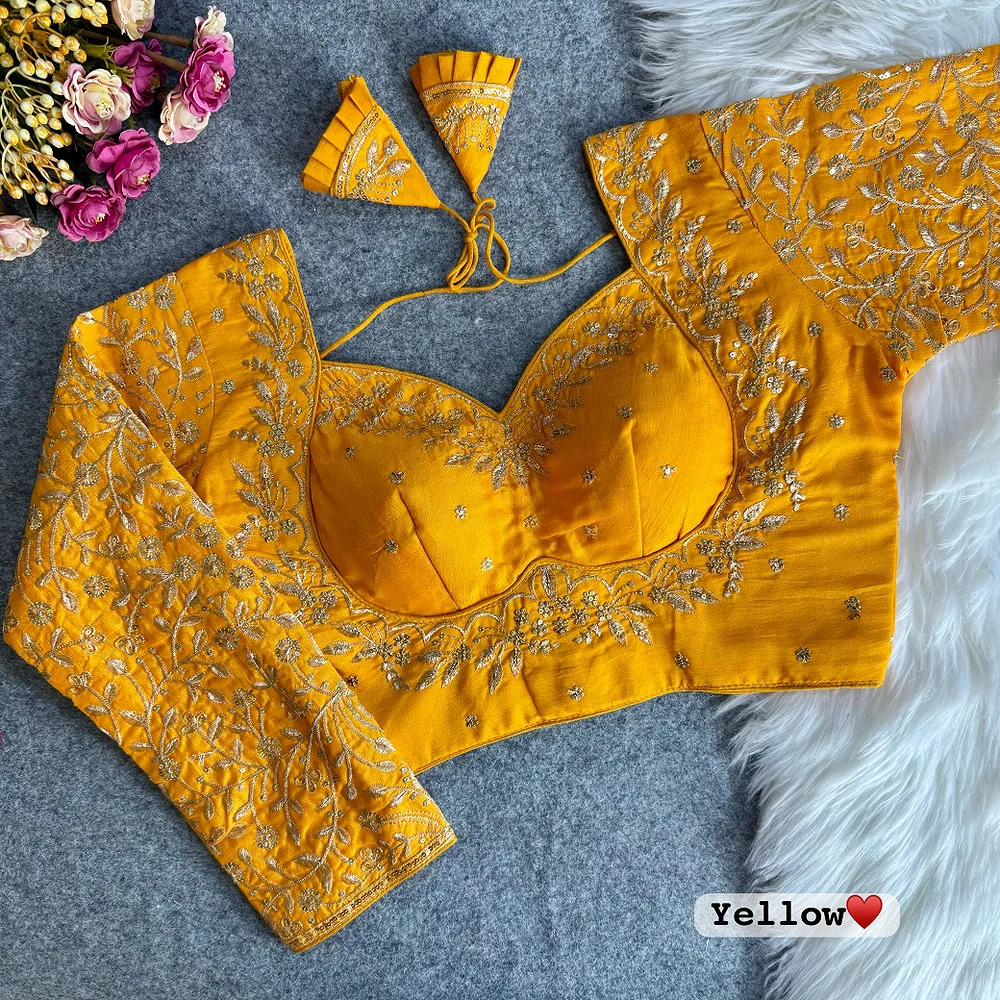 Yellow Color Royal Mumtaz Style Long Sleeves Bridal Blouse in Vichitra Silk — view 1