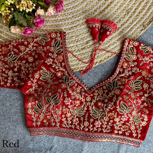 Red Color Bridal Velvet Blouse with Diamond Handwork