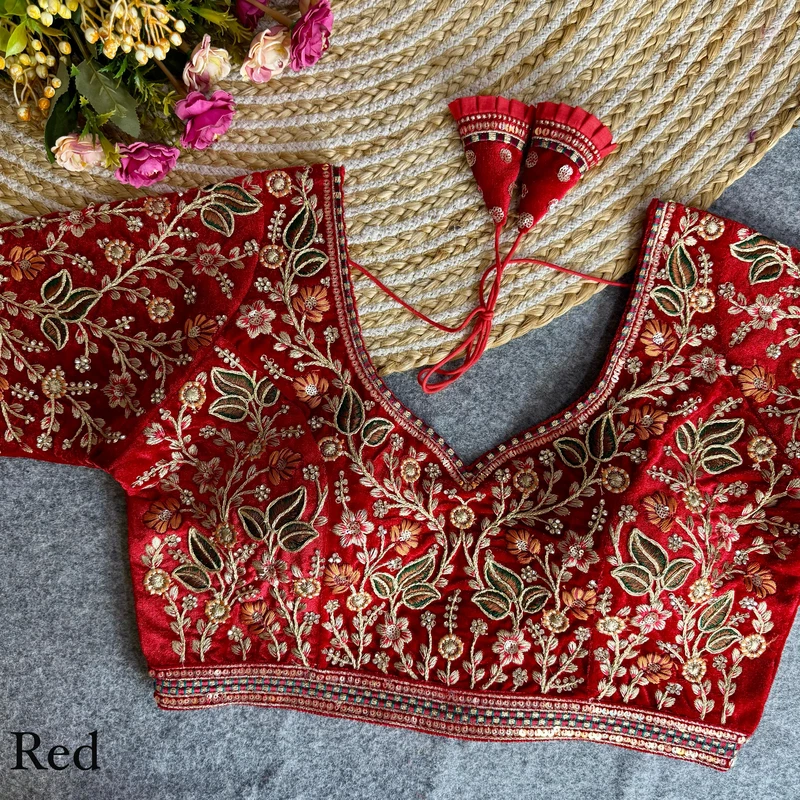 Red Color Bridal Velvet Blouse with Diamond Handwork