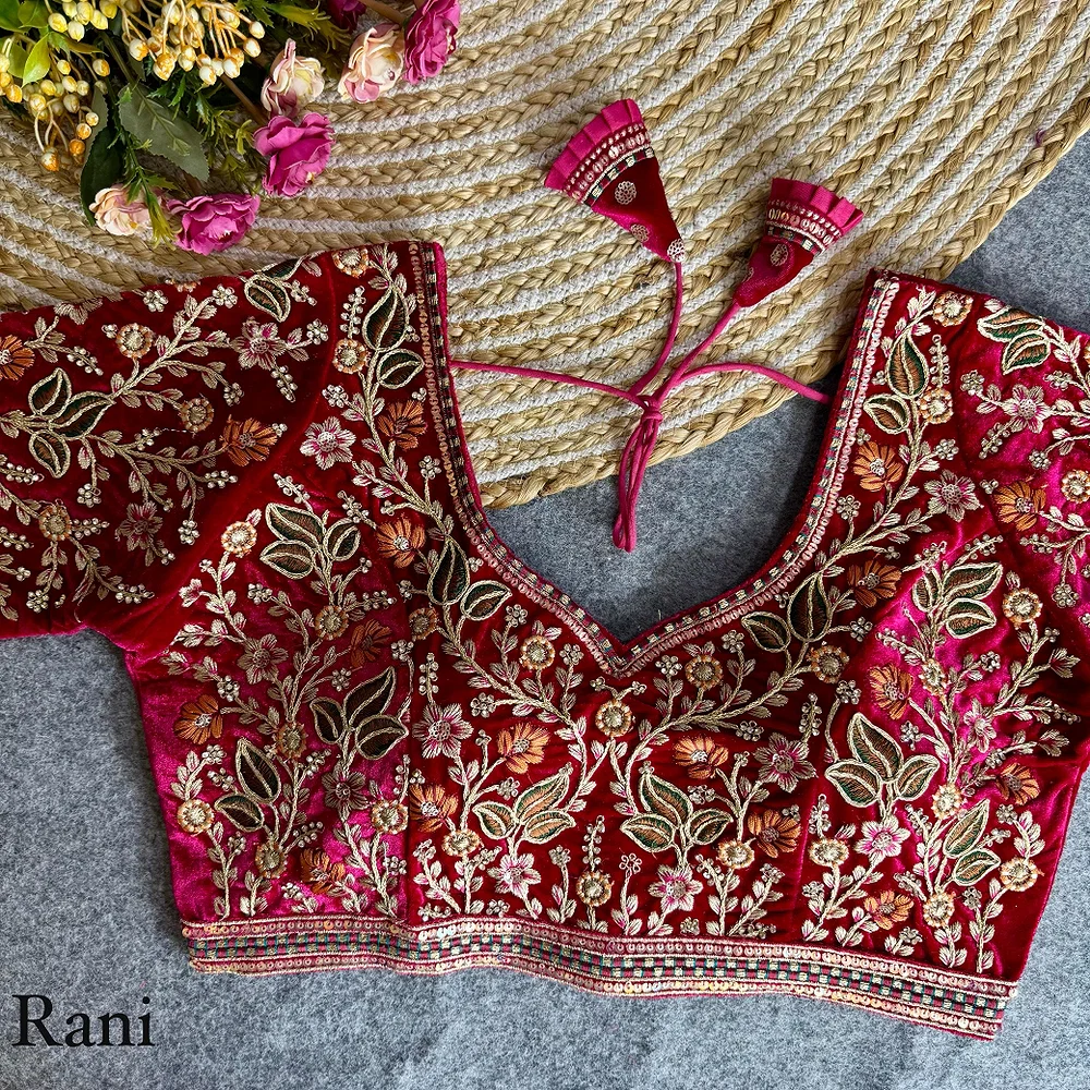 Rani Color Bridal Velvet Blouse with Diamond Handwork — view 1