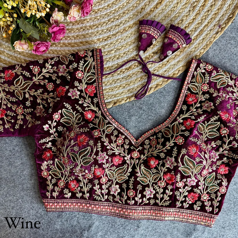 Wine Color Bridal Velvet Blouse With Diamond Handwork — view 1